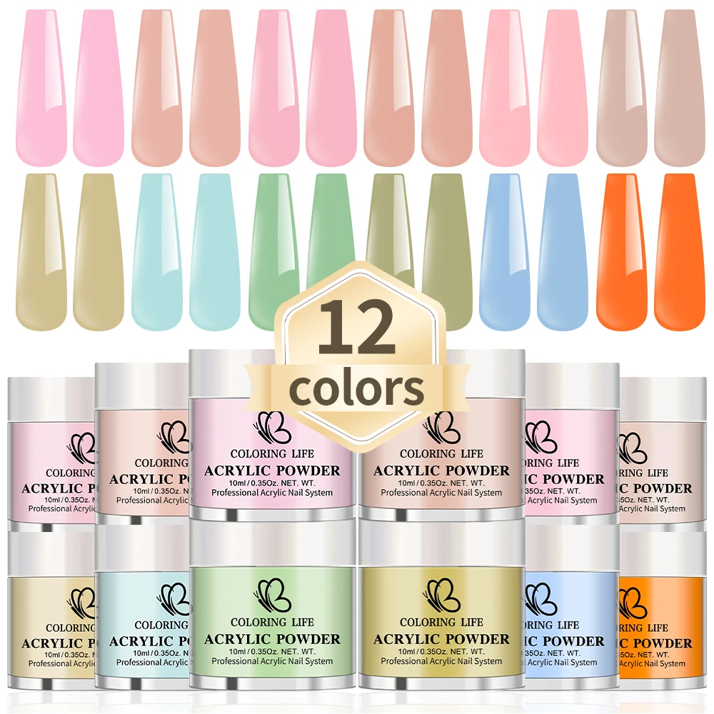 12 pezzi Macaron Colori Set di polvere di cristallo per unghie Verde Blu Arancione Polvere acrilica per unghie fine Smalto UV Estensione delle unghie Polvere acrilica