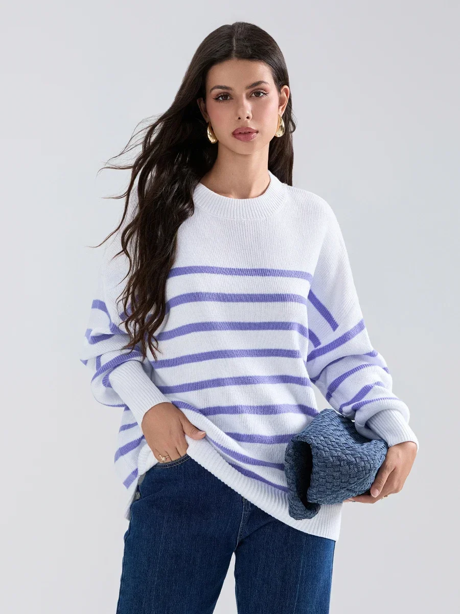 Women Vintage Striped Sweater Drop Shoulder Long Sleeve Round Neck Slit Hem Loose Knitted Tops Fashion Streetwear for Daily Life