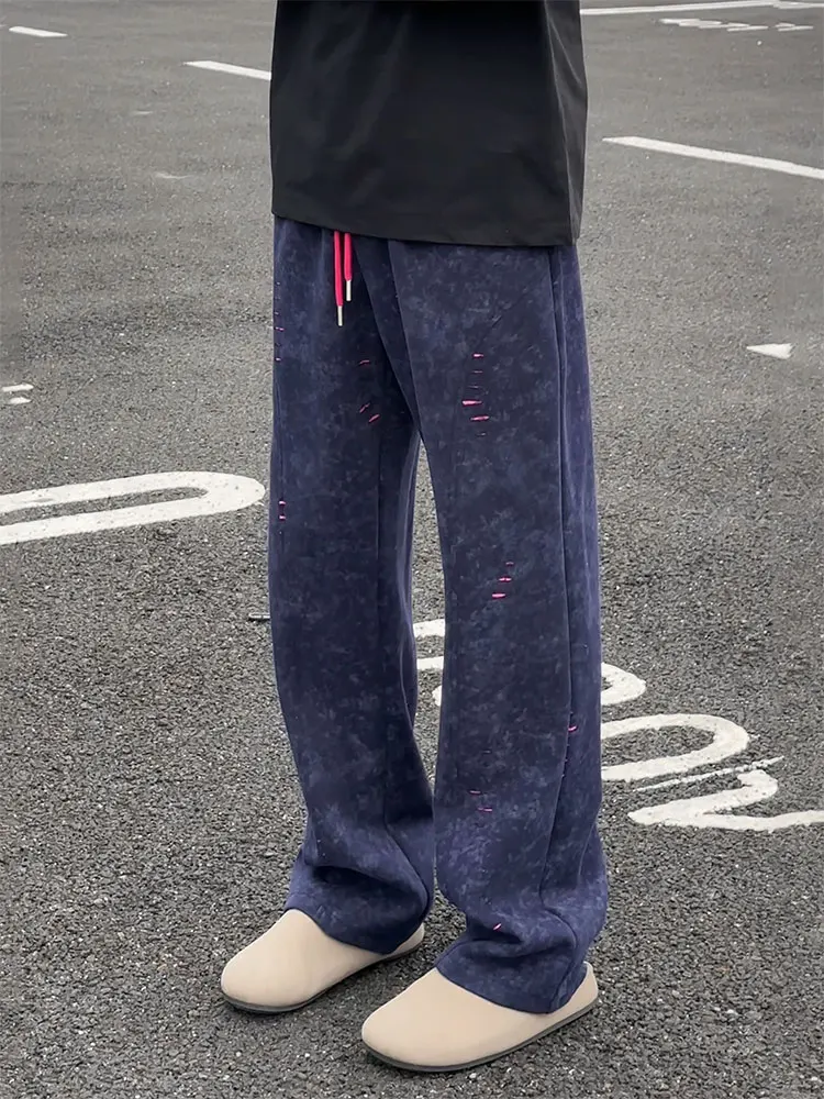 American Retro Tie Dye Men's Sweatpants Autumn Hole Design Sensation Knife Pants High Sense Sport Casual Long Pants