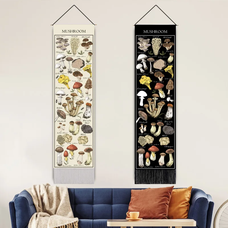 Vintage Pilz-Diagramm Wandbehang Tapisserie Botanische Illustration Baumwolle Leinen Quasten-Banner für Heimdekoration