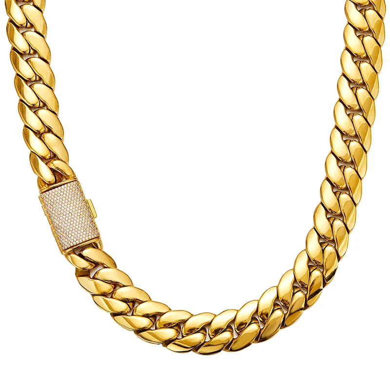 

14mm Hip Hop Bling Iced Out Stainless Steel Dense Cuban Miami Link Chain Necklaces for Men Rapper jewelry Blue Black Gold Color