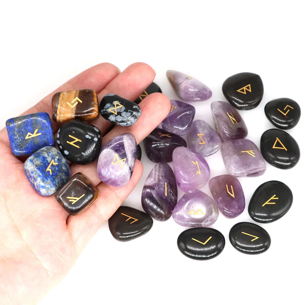 Natural Rune Stones with Engraved Elder Futhark Alphabet Reiki Quartz Chakra Healing Crystal Gemstones for Meditation Divination