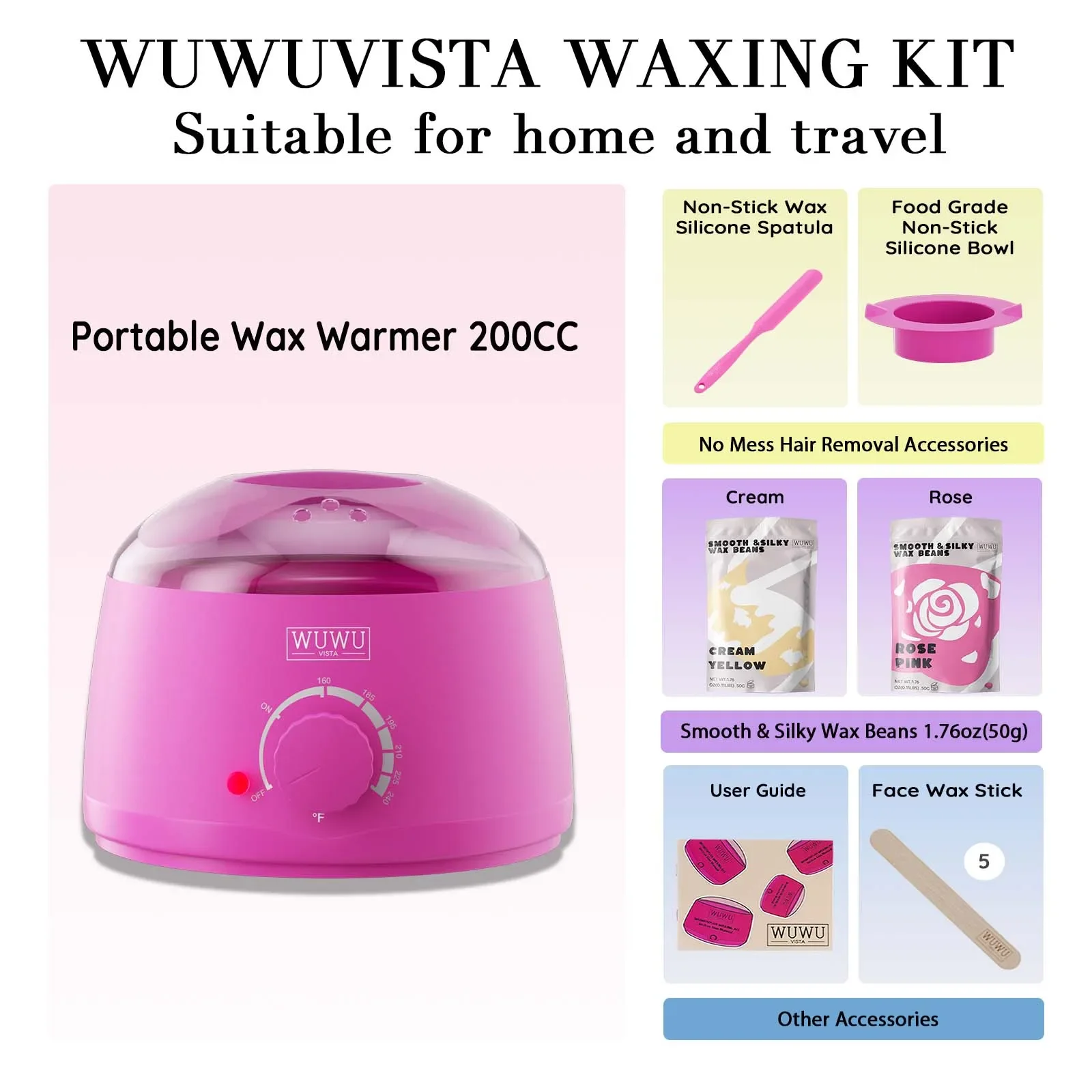 Waxing Kit WUWUVISTA Hair Removal Wax Kit Wax Melt Warmer Waxing Beads Face/Brazilian/Full Body/Bikini/Sensitiive skin(11 items)