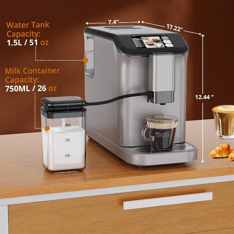 Fully Automatic Espresso Machine With Milk Frother, One Click Recipes, Touch Display, 20 Bar Pressure, 15 Grind Settings,