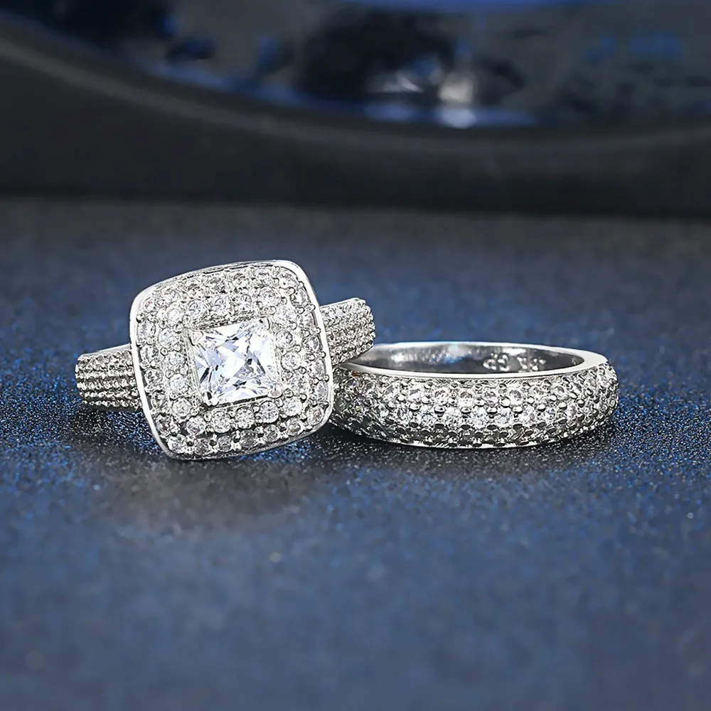 2pcs Double-layer Ladies Luxury Ring Set Diamond Silver Wedding Preferred Jewelry Stackable Finger Rings Valentine's Day Gift