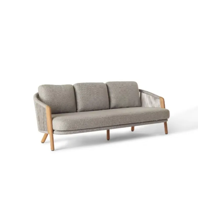 Luxury Solid Teak Wood Modern Apartment Outdoor Living Room Garden Hotel Sofa Three Seater Woven Rope Sides Waterproof