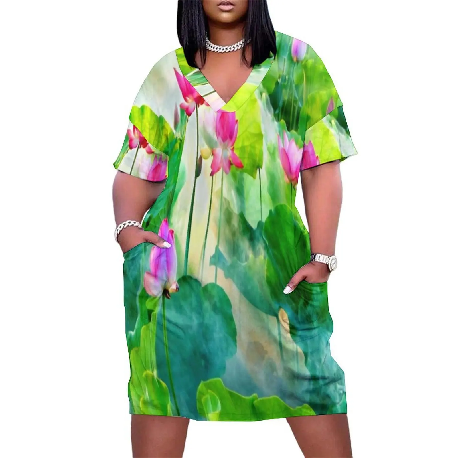 

lotus aquatic plant Loose Pocket Dress dresses with long sleeves Women"s long dress