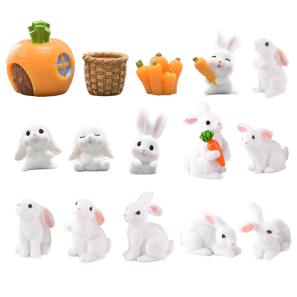 

15pcs Easter Bunny Model Decorative Figurine Microlandscape Adornment Bonsai Plant Ornament Small Rabbit Child Resin Cartoon