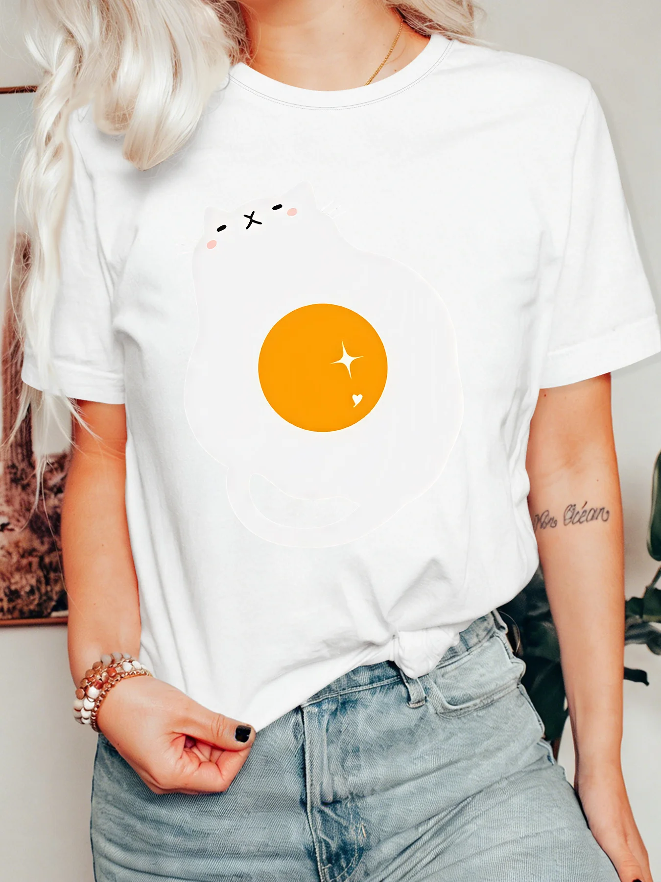 Cute Egg Cat Art Womens Crew Neck Short Sleeve T Shirt Lovely Fried Egg Kitten Minimalist Cartoon Casual Graphic Tees For Ladies