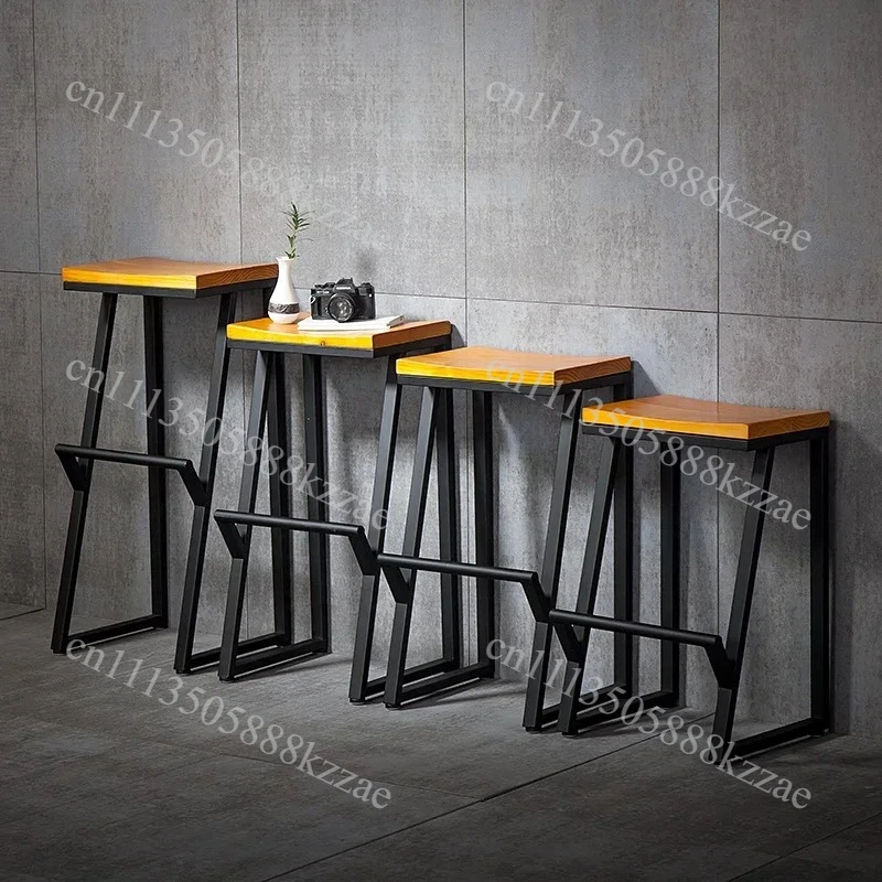 Minimalist High Foot Iron Bar Chair, Solid Wood Seating, Counter Seats, Stable Load-Bearing Restaurant Furniture, Kitchen Stools