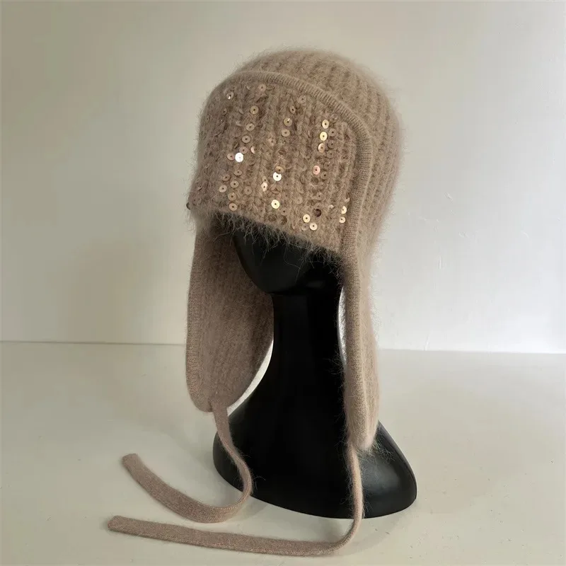 Hat Earflap Sequins Women Winter Knit Beanies Warm Accessory For Cold Weather Autumn Outdoor Skiing Holiday