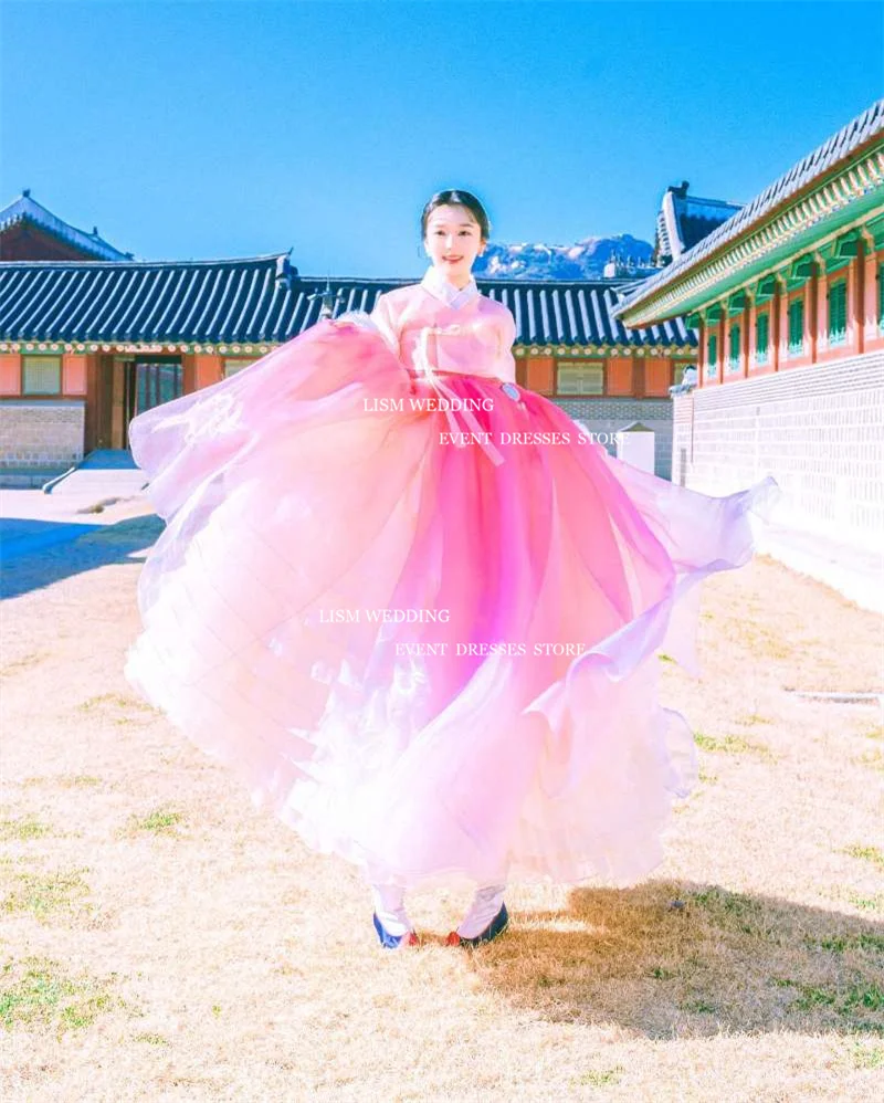 Lismus Vintage Korea A-Linie Hanbok Brautkleider Fotoshooting volle Ärmel V-Ausschnitt Organza formelle Gelegenheit Kleid boden lang