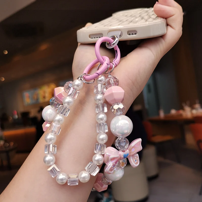 Mobile Phone Lanyard Short Style Wrist Strap Bow Knot Handmade Beaded Bracelet Pendant Lanyard Anti-Lost Wide Wrist Strap