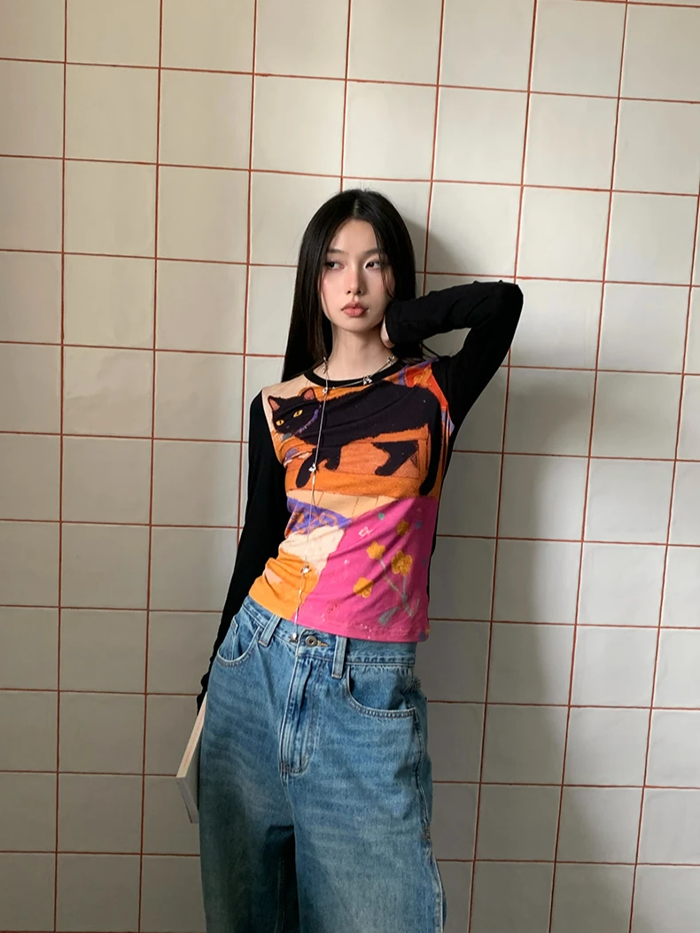CHEERART Cat Funny Graphic T Shirts Long Sleeve Top For Woman Illustration Print Patchwork Cute Tees Designer Clothes 2025
