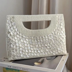 DOYUTIG Brand Women's Classical Mini Shell Square Evening Clutches Fashion White Beaded Wedding Party Bag Handmade Bag N031