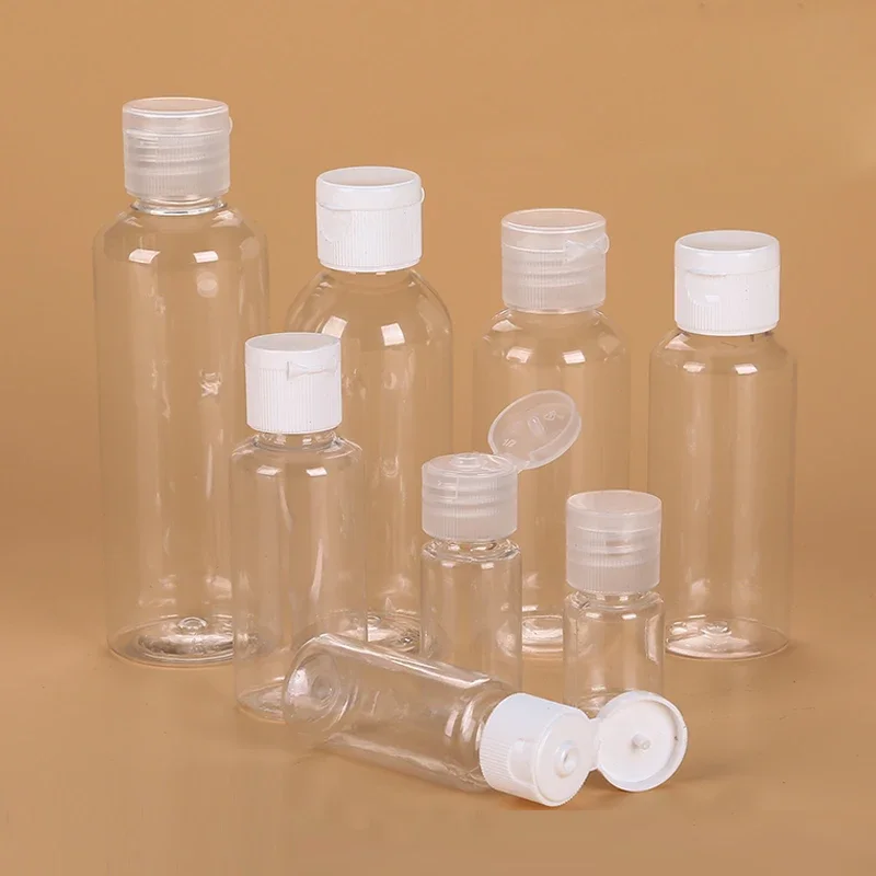 10 Uds. Botellas de plástico PET transparentes, botella vacía de viaje de 5ml-100ml con vial abatible, artículos de tocador líquidos, dispensador de champú y acondicionador