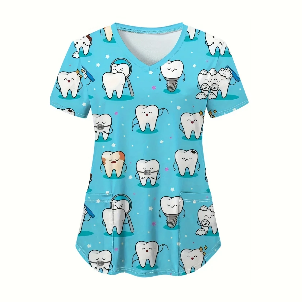 Uniforme médico para mujer, estampado de patrón de dientes, microelástico, Dental, moda médica, cuello en V, manga corta, Tops quirúrgicos para mujer