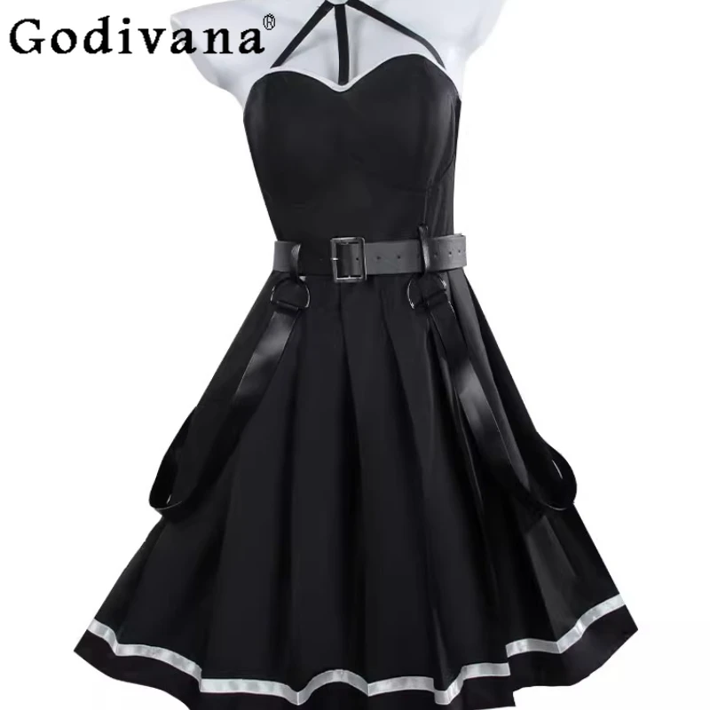 فستان نسائي أسود مثير كوس ثنائي الأبعاد للرسوم المتحركة فستان نسائي بدون أكمام لعب الأدوار في الهالوين