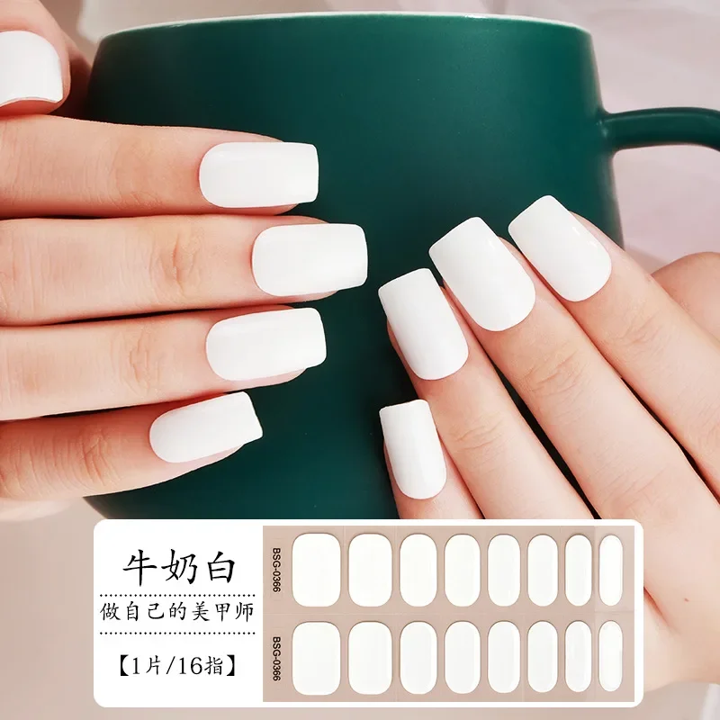 16Tips Gel Nail Enhancement Sticker Solid Color Scallion Powder UV Phototherapy 3D Stereo Semi Curing Nail Stick