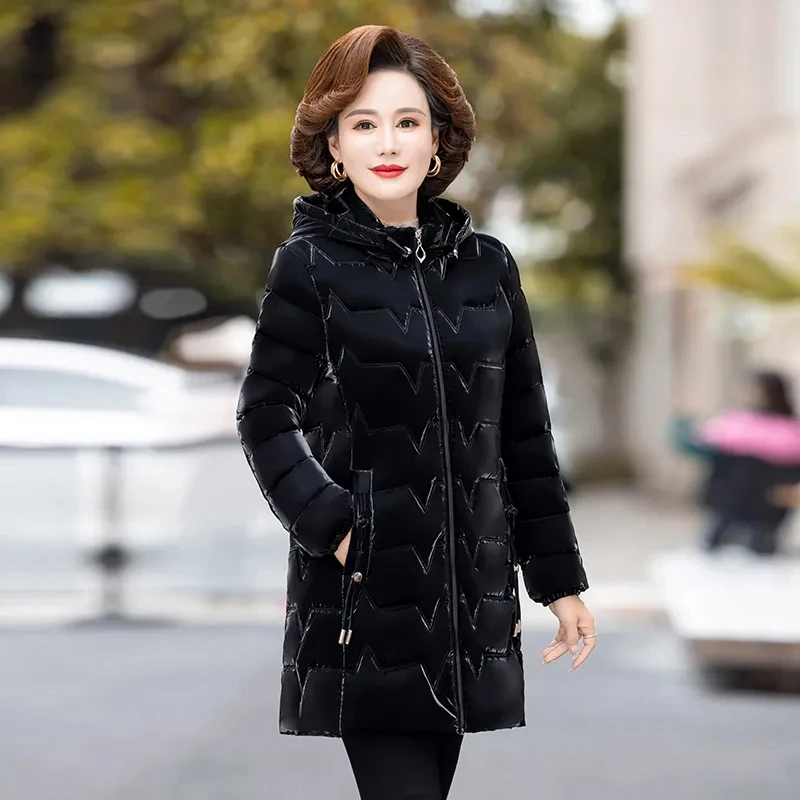 Winter Glossy Snow Jacket Women\'s Down Cotton Slim Hooded Coat Mother Warm Long Overcoat Fashion Female Thicken Parkas Jackets