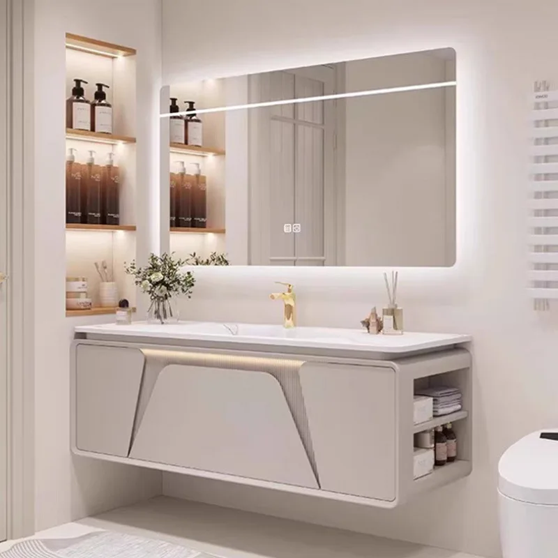 

Modern simple bathroom cabinet oak combination new light luxury bathroom rock slab seamless hand wash washbasin washstand