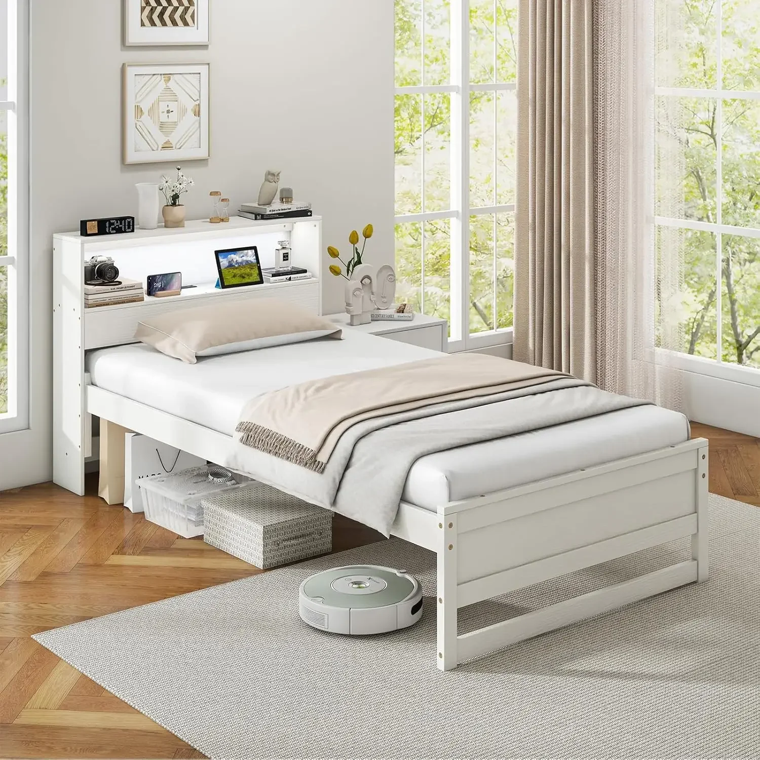 Twin Bed Frames with Storage Headboard, Wood Platform Bed with Charging Station & LED Light, Single Bed with Slats Support, Unde