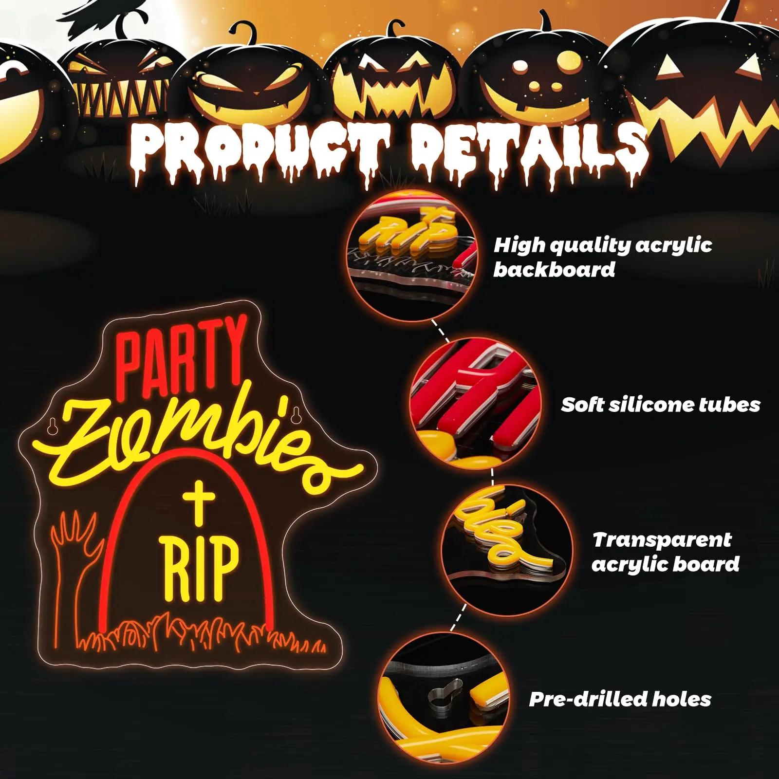 Zombie Tombstone LED Neon Sign for Wall Decor Halloween Party Lights Hanging for Room Decor Windows Doors Adjustable Brightness