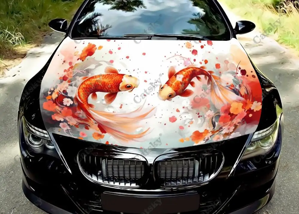 Sakura and Fish Car Hood Vinyl Stickers Wrap Vinyl Film Engine Cover Decals Sticker Universal Car Hood Protective Film