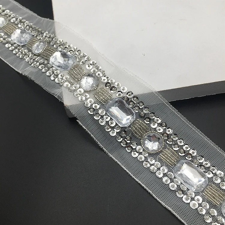 50cm perła zroszona koronka do wykańczania Rhinestone taśma koronkowa kołnierz do DIY szycie odzieży pas suknia ślubna cekinowa koronka materiały