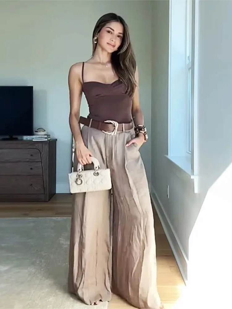 HipSeam Women Satin Trousers With Belt Spring Summer Simple Women's Pants Versatile Female Loose Pants Pocket Wide Leg Pants image 2
