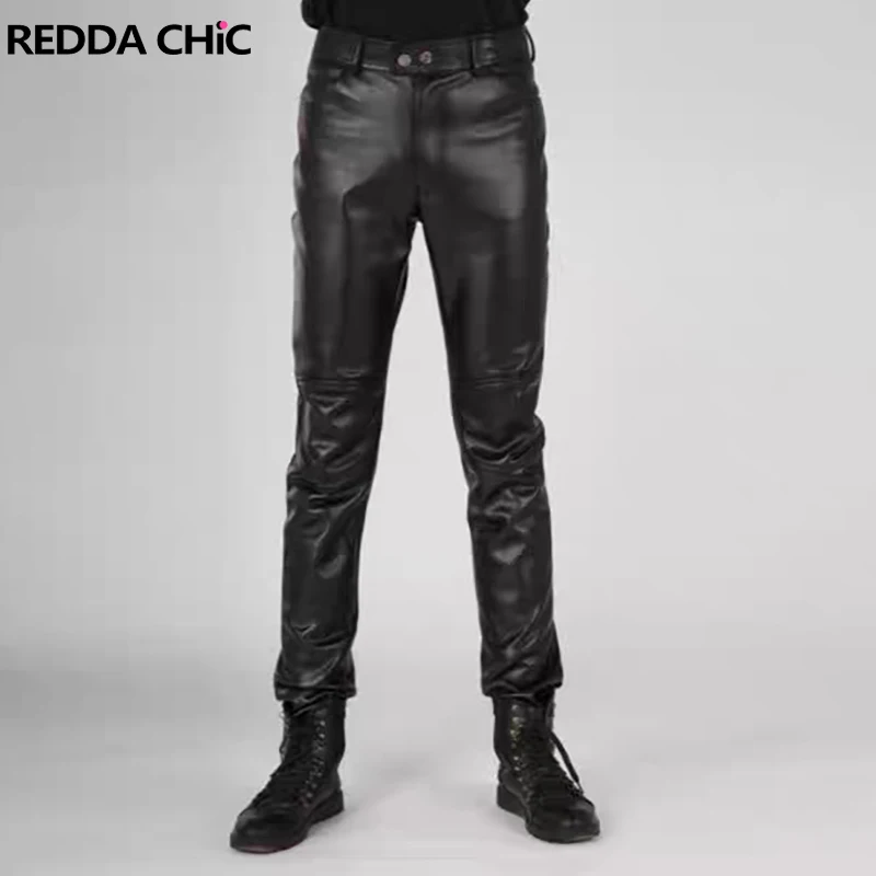 REDDACHIC Vintage Patchwork Black PU Leather Pants Men Solid Low Waist Slim Zipper Split Long Trousers Biker Moto Streetwear