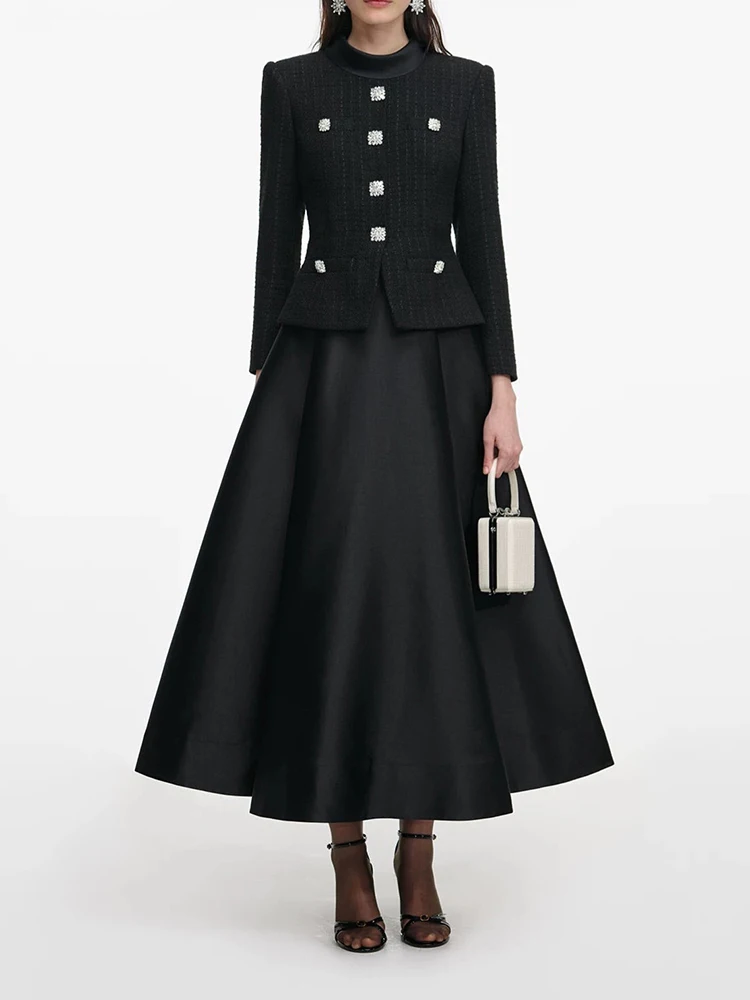 

Elegant Diamond Tweed Long Dresses Spring Women Long Sleeves High Neck Single Breasted Dress Autumn High Waist Knee Length Dress