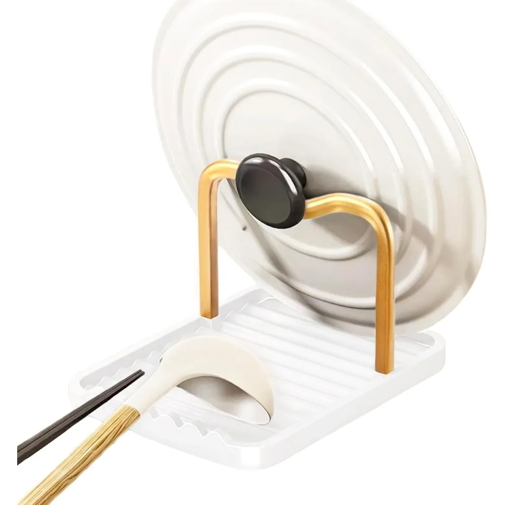 

Anti-Rust Metal Spoon Rest with Lid Holder, Heat-Resistant Pot Lid Rest, Multifunctional Spatula Holder While Cooking for Stovetop and Kitchen Counter – Gold White