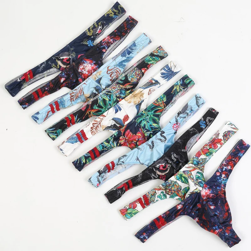 10PCS Sexy Men Underwear Thongs Low Rise Printing Breathable T-Back Jockstrap G-Strings Mens Briefs Cuecas Bikini Sleepwear