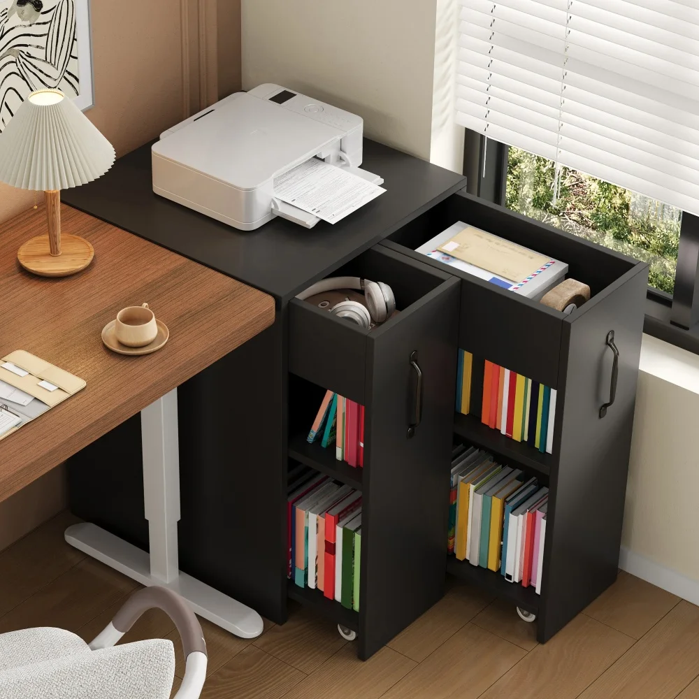 Kleine boekenkast met wielen, met planken en laden, links/rechts omkeerbare configuratie, valbeveiliging, nachtkastje