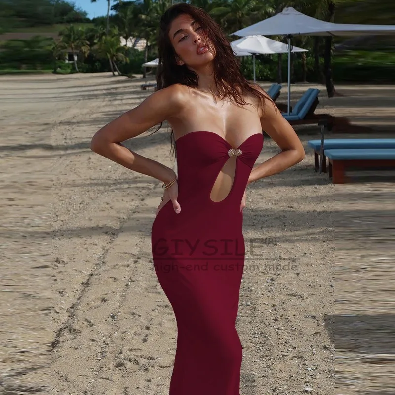 GIYSILE 2025 Baru Seksi Jahitan Kait Gesper Berongga Panjang Warna Solid Royal Kakak Angin Dibungkus Gaun Formal Wanita Elegan