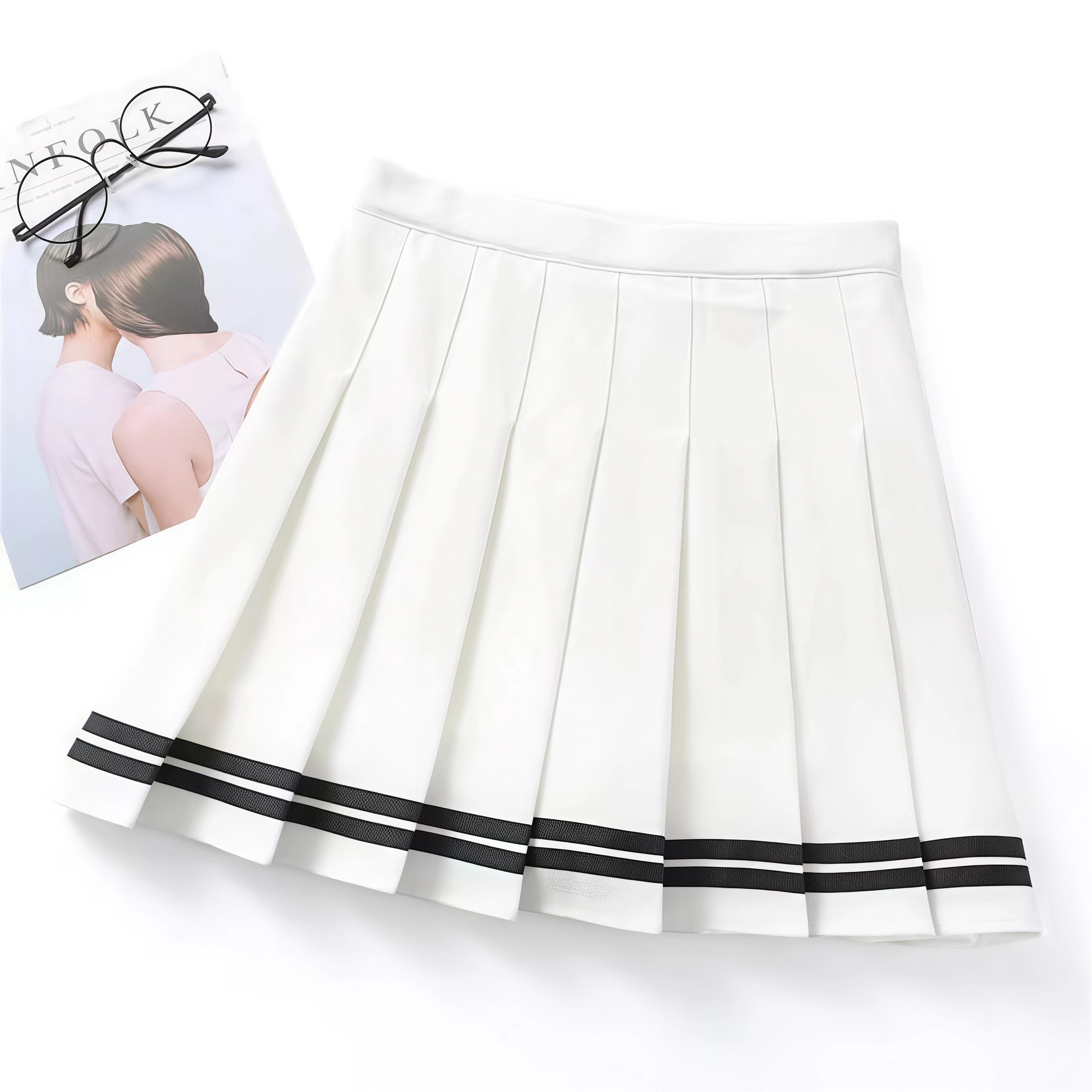 Damen-Minirock mit hoher Taille, plissiert, schwarz, gestreifter Saum, A-Linie, Preppy-Stil, JK-Uniform, kurzer Rock mit Innenhose – Detail 9