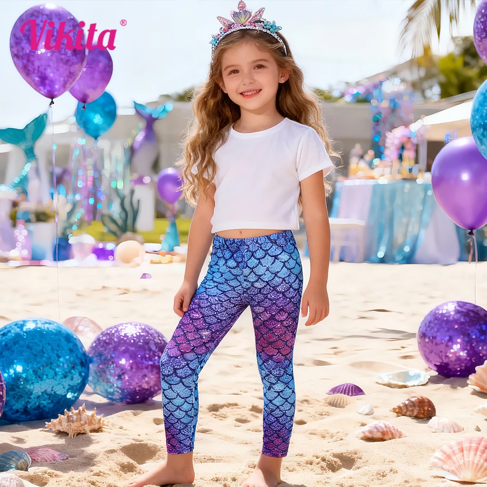 VIKITA Leggings con estampado de sirena para niñas, pantalones de cintura elástica con estampado de escamas de pescado morados vibrantes para niños, pantalones casuales elegantes para niños