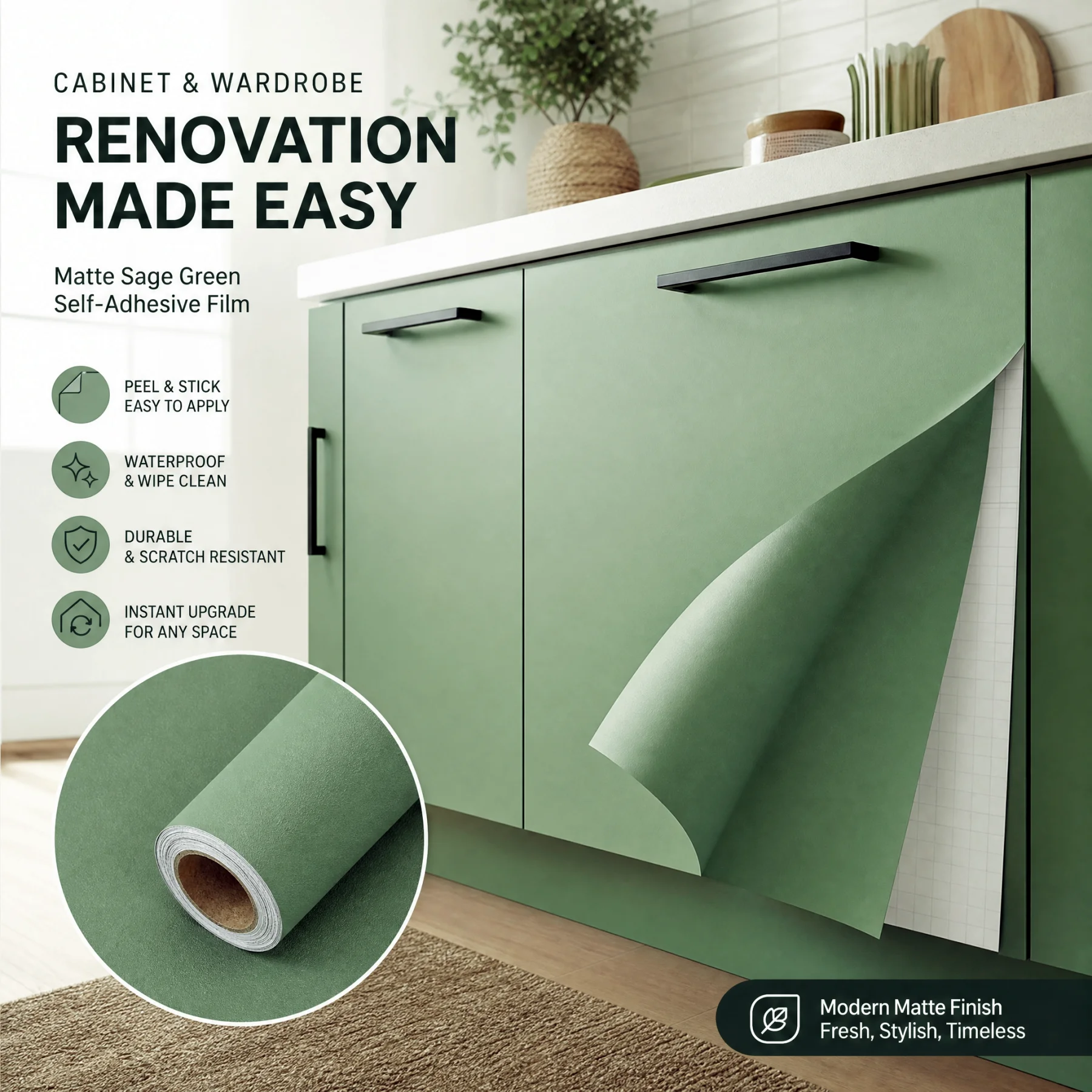 Peel And Stick Green Matt Thickened Self Adhesive Film Waterproof Wallpaper Kitchen Cupboard Furniture Table Wall DIY Decoration