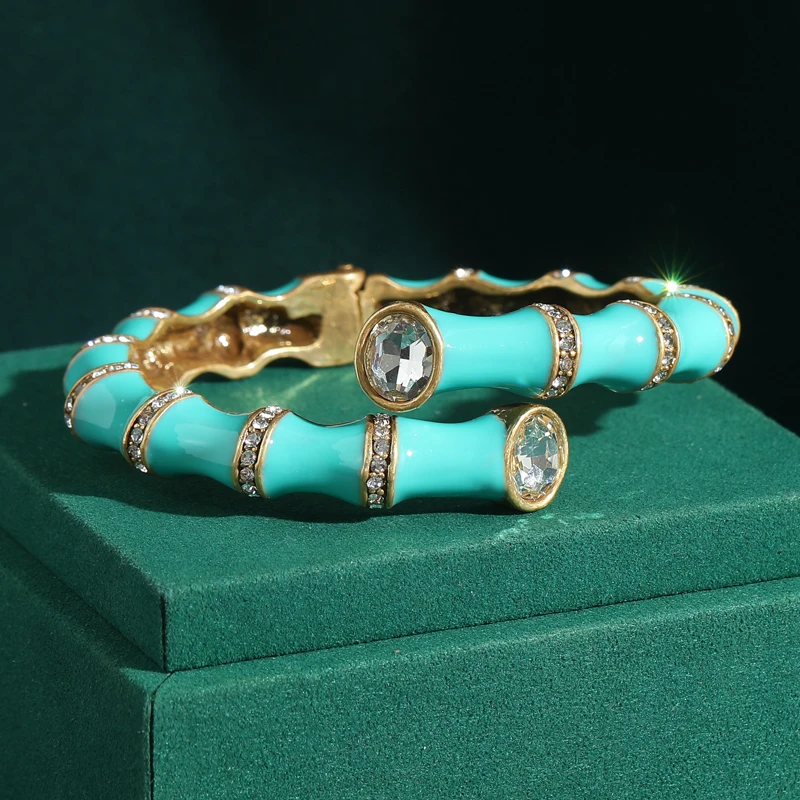 

Vintage Enamel Bamboo Bracelet Bangle Crystal Antique Gold Color Elasticity Accessories Luxury Branded Jewelry Heavy Industry
