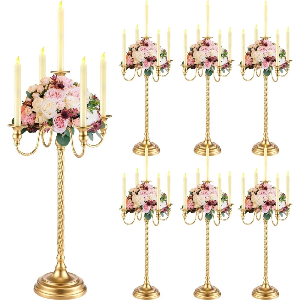 Wedding 6-piece Set of Golden Candle Holders, Metal Candle Holder Centerpiece, 5-arm Cone-shaped Candle Holder (28 Inch)