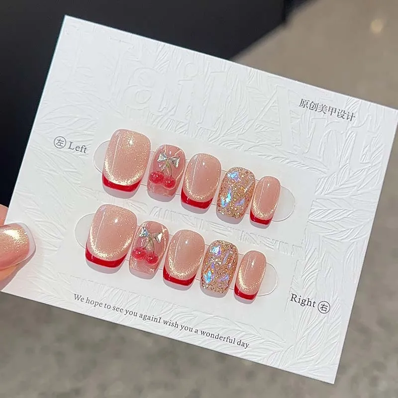 10PCS Original Handcrafted False Nails, Nude Red French Short Square Press On Nails with Cherry Bow Glitter Nail Art Tips