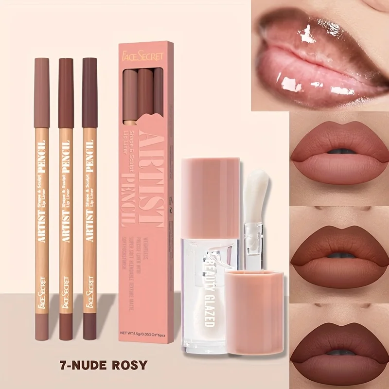 4pcs Matte Lipliner Lip Gloss Combo -Moisturizing Plumping Lip Oil  Lip Liner Set Waterproof & Matte Lip Liner Pencil