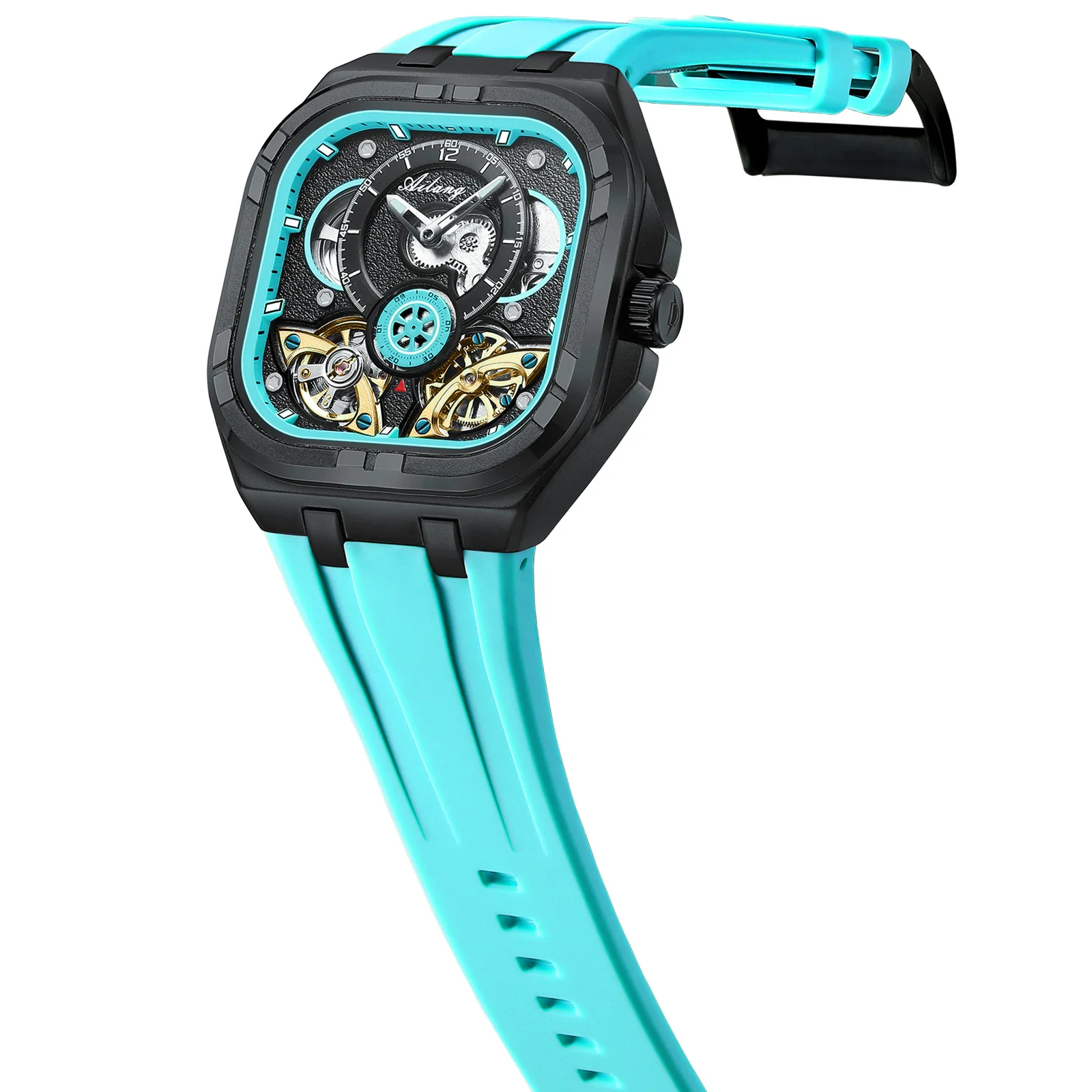 2026 ساعة توربيون أوتوماتيكية فاخرة بهيكل عظمي للرجال تصميم مربع مع قرص أزرق سماوي مضيئة ومقاومة للماء ساعة يد رياضية #3