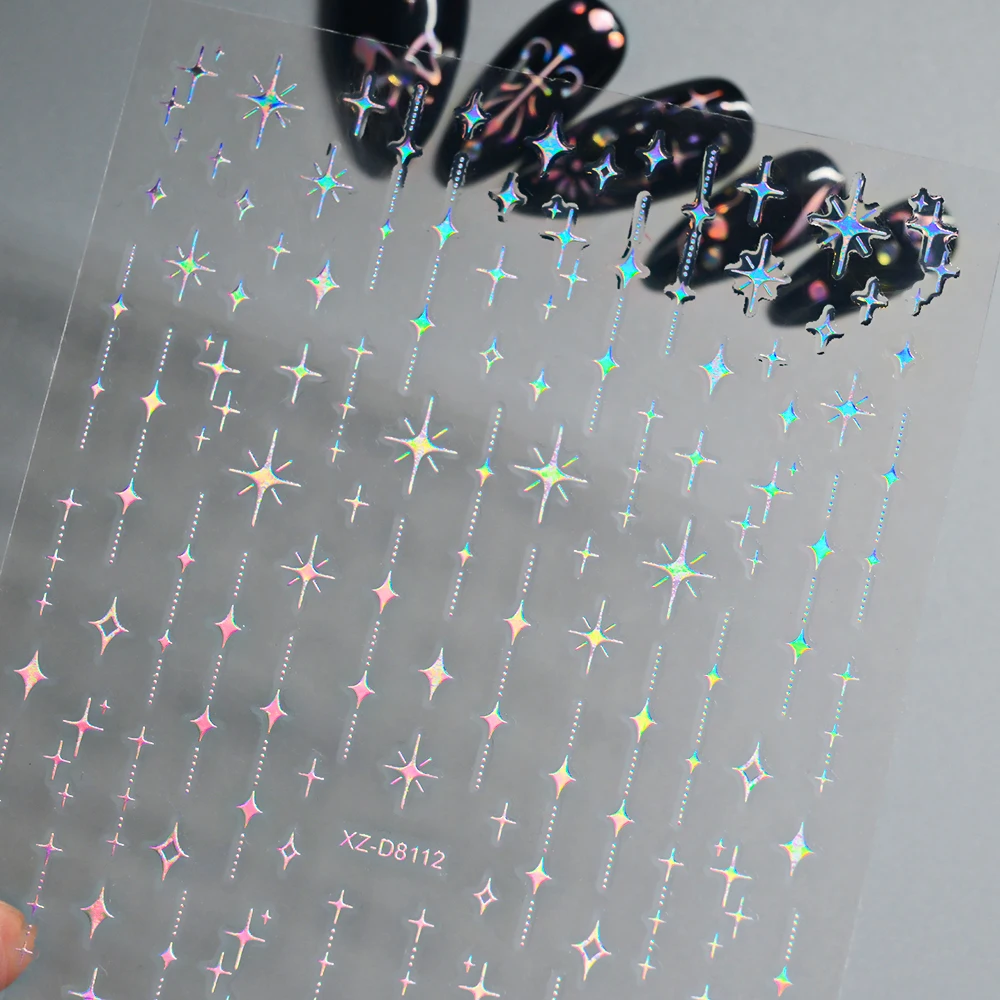 12 pezzi 3D olografico rosa stella/luna/arco adesivi per unghie iridescente Starlight nail art decalcomanie autoadesive manicure cursore adesivo