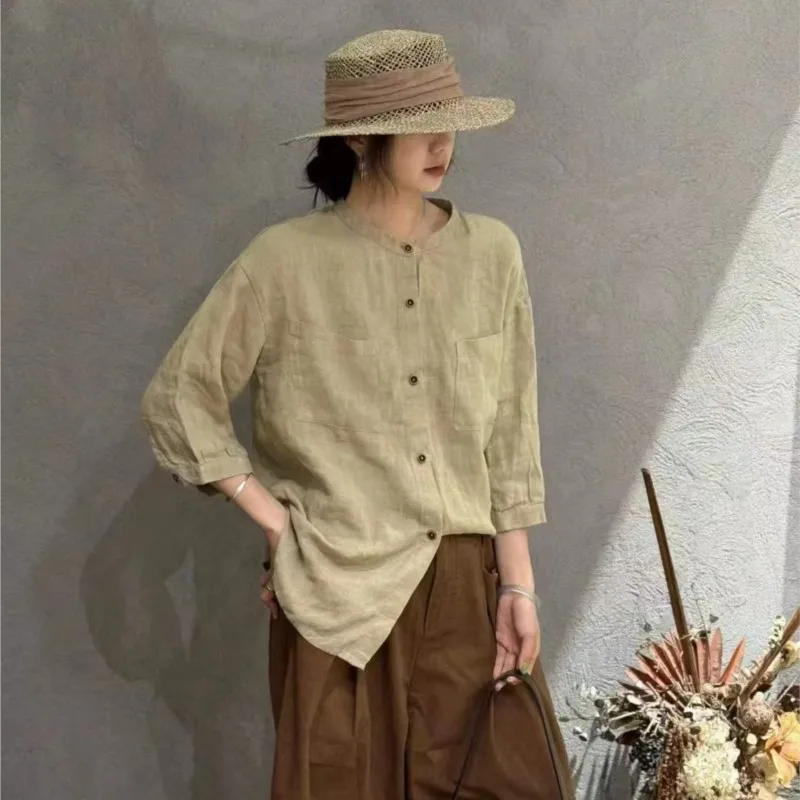 

Johnature Casual Linen Shirt Women Summer New Retro Loose Versatile Single Breasted Seven Quarter Sleeved Top For Women