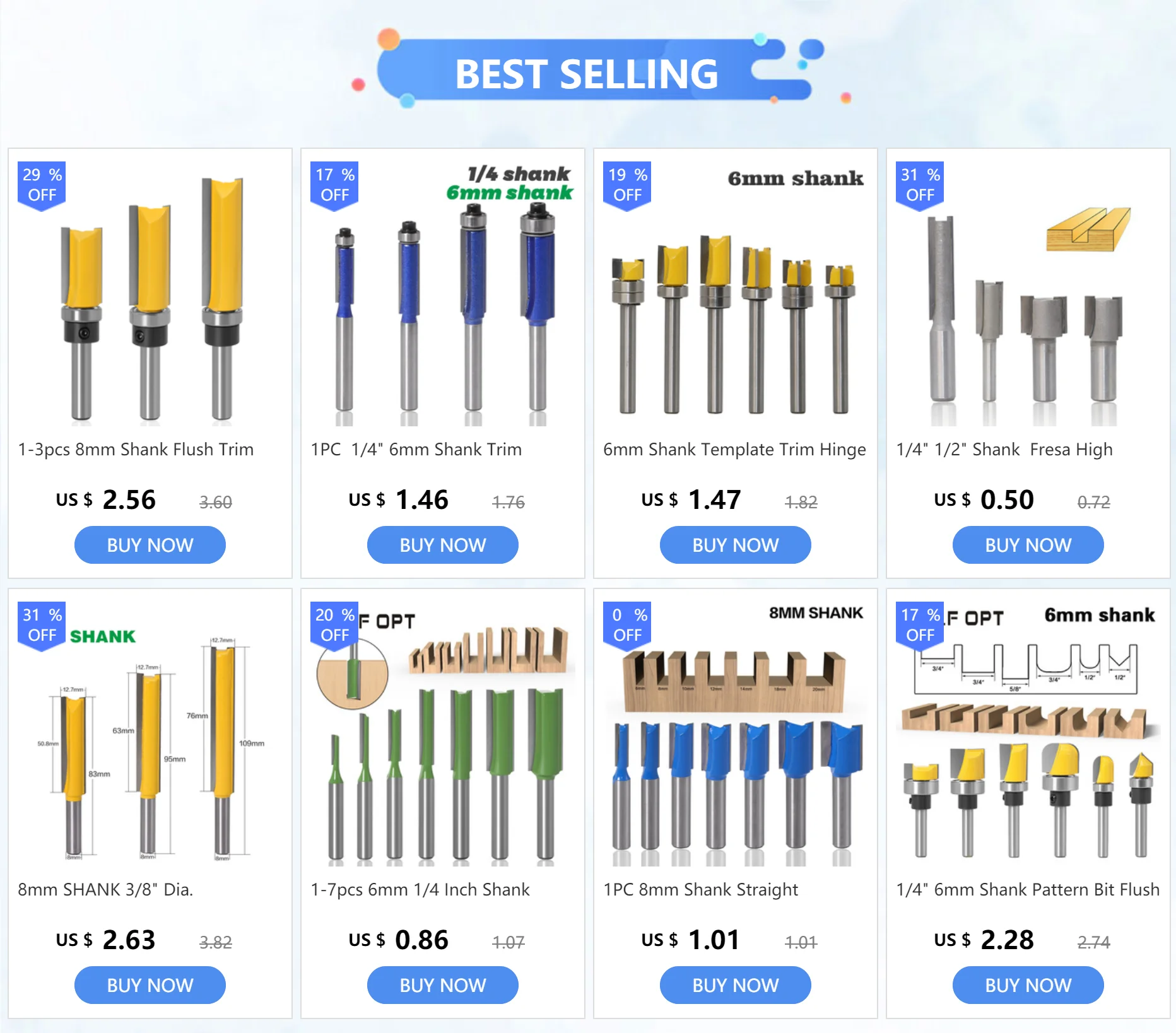 Slotting Straight Router Bit Set 8mm Shank Double-edged Carpenter Milling Cutter for Wood 6-20mm Cutting Dia Woodworking Tools