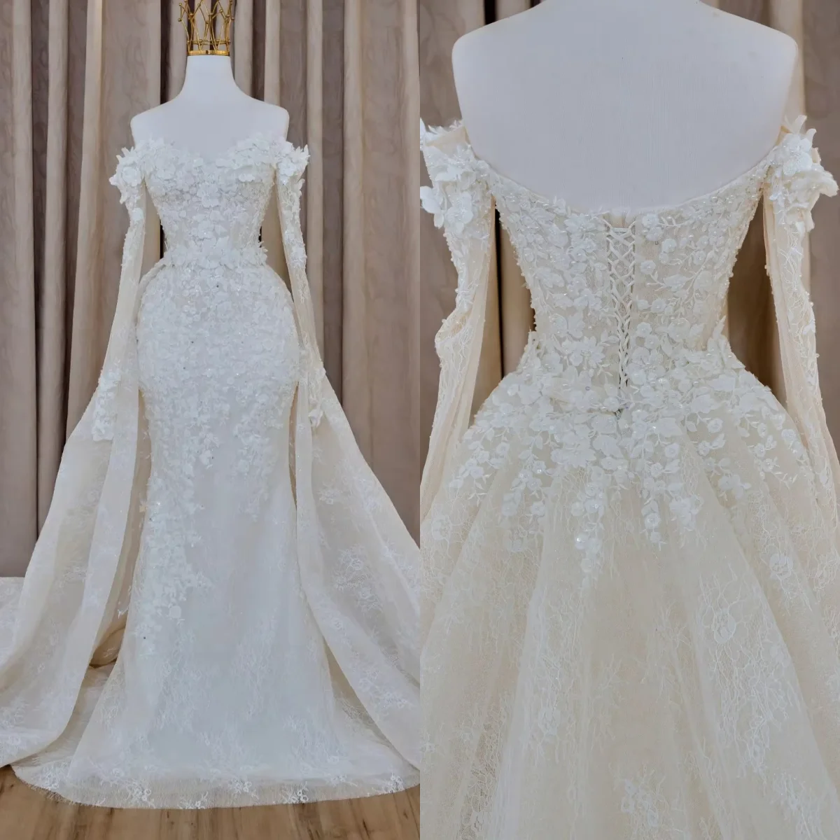 

Custom Off Shoulder Lace Mermaid Wedding Dress with Detachable Overskirt 3D Floral Appliques Cathedral Train Bridal Gown