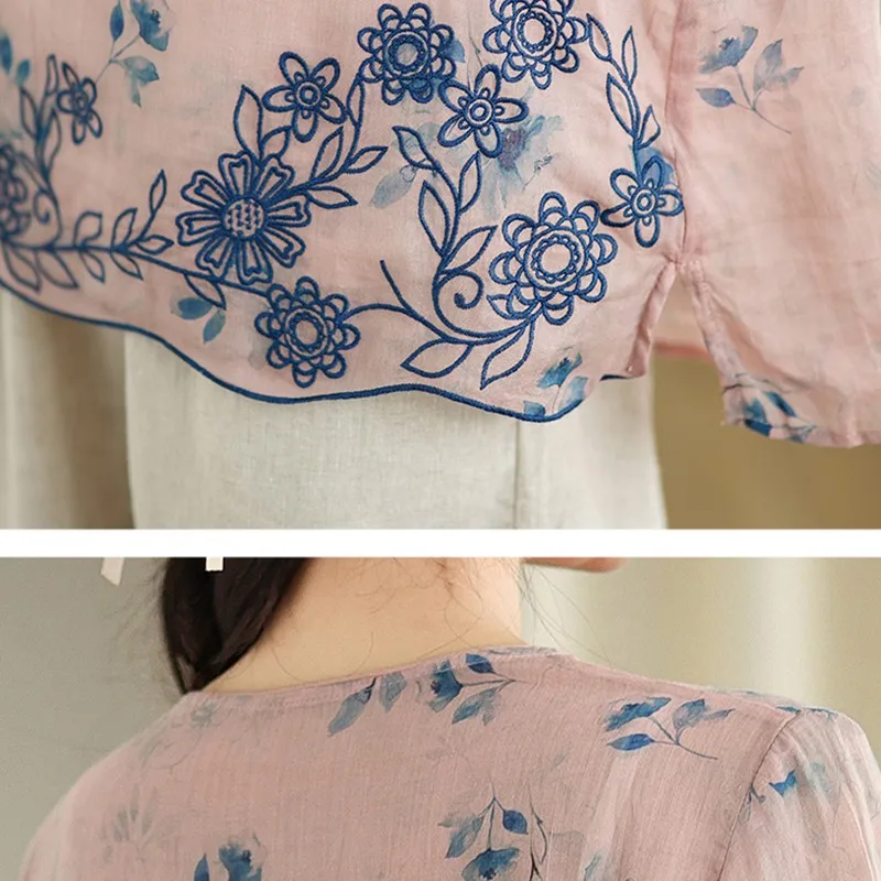 Women Casual Blouses Shirts New Arrival 2024 Summer Chinese Style Vintage Embroidery Loose Feamle Short Sleeve Tops B3882