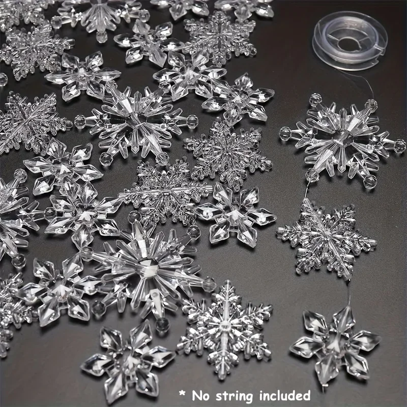 70pcs Acrylic Snowflake Pendant Beads Ornament Sets Christmas Tree Decoration Hexagonal Snowflake Flakes Hanging New Year Decor